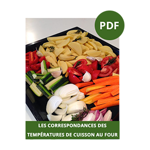 Couverture d'un PDF intitulé 'Les correspondances des températures de cuisson au four', avec une image d'un plateau de légumes crus prêts à être cuits.